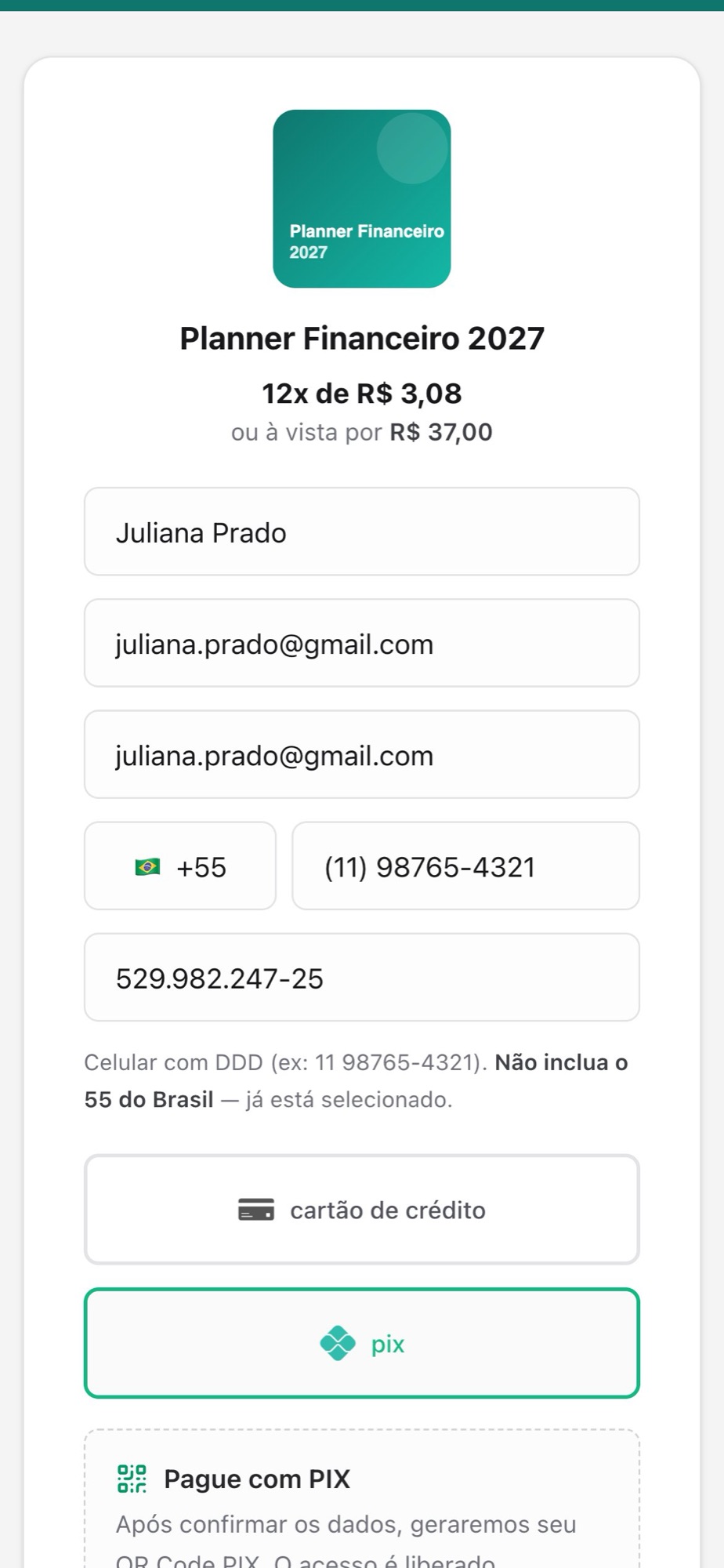 Checkout da Olumify no celular com campos preenchidos e PIX selecionado