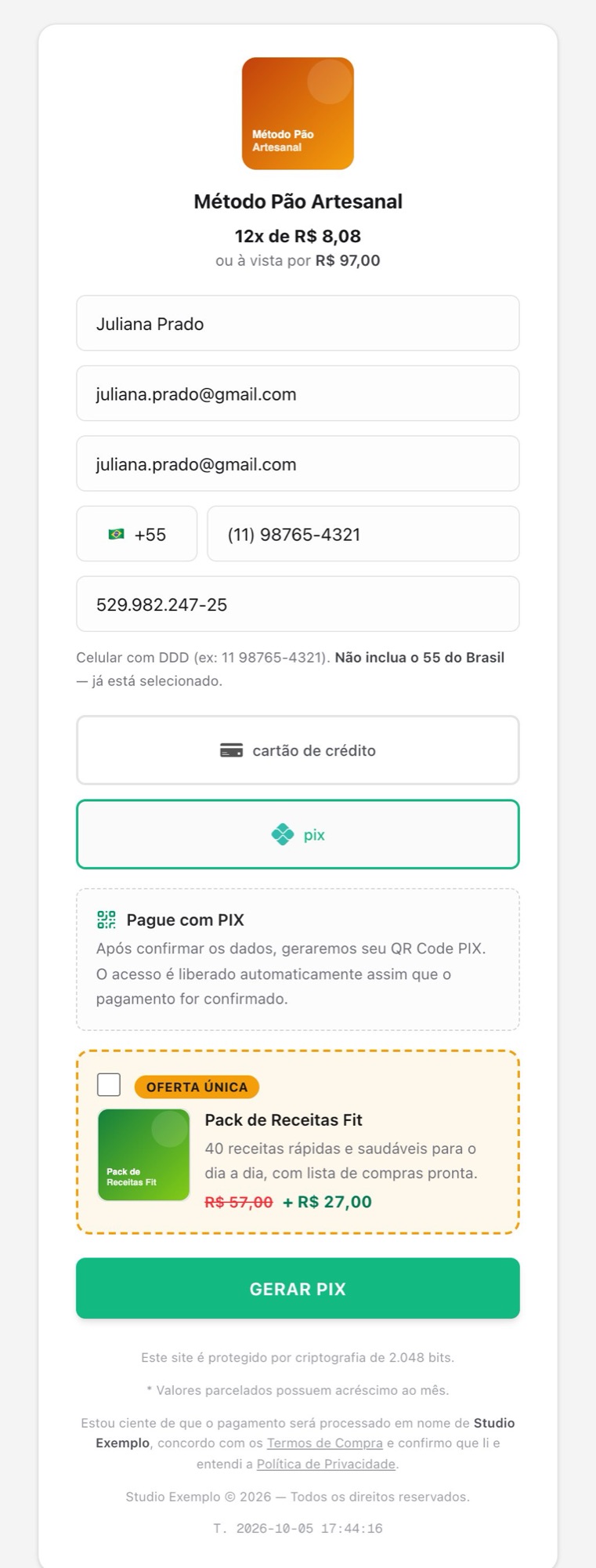 Checkout no computador com PIX selecionado e order bump do Pack de Receitas Fit